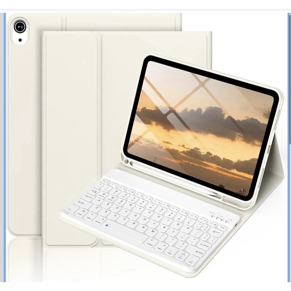 iPad 10/11 Case w/Keyboard, Pencil Holder, Slim Cover, Cream White